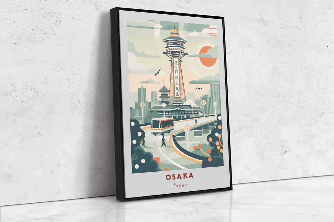 Osaka Japan Tsutenkaku Tower Retro Street Scene Travel Poster - Image 2