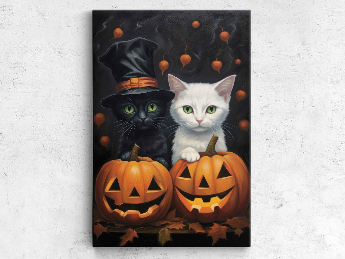 Halloween Cat Pair Jack O Lanterns Witch Hat Cute Black White Cats Poster