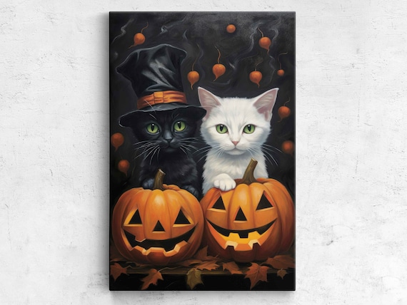 Halloween Cat Pair Jack O Lanterns Witch Hat Cute Black White Cats Poster