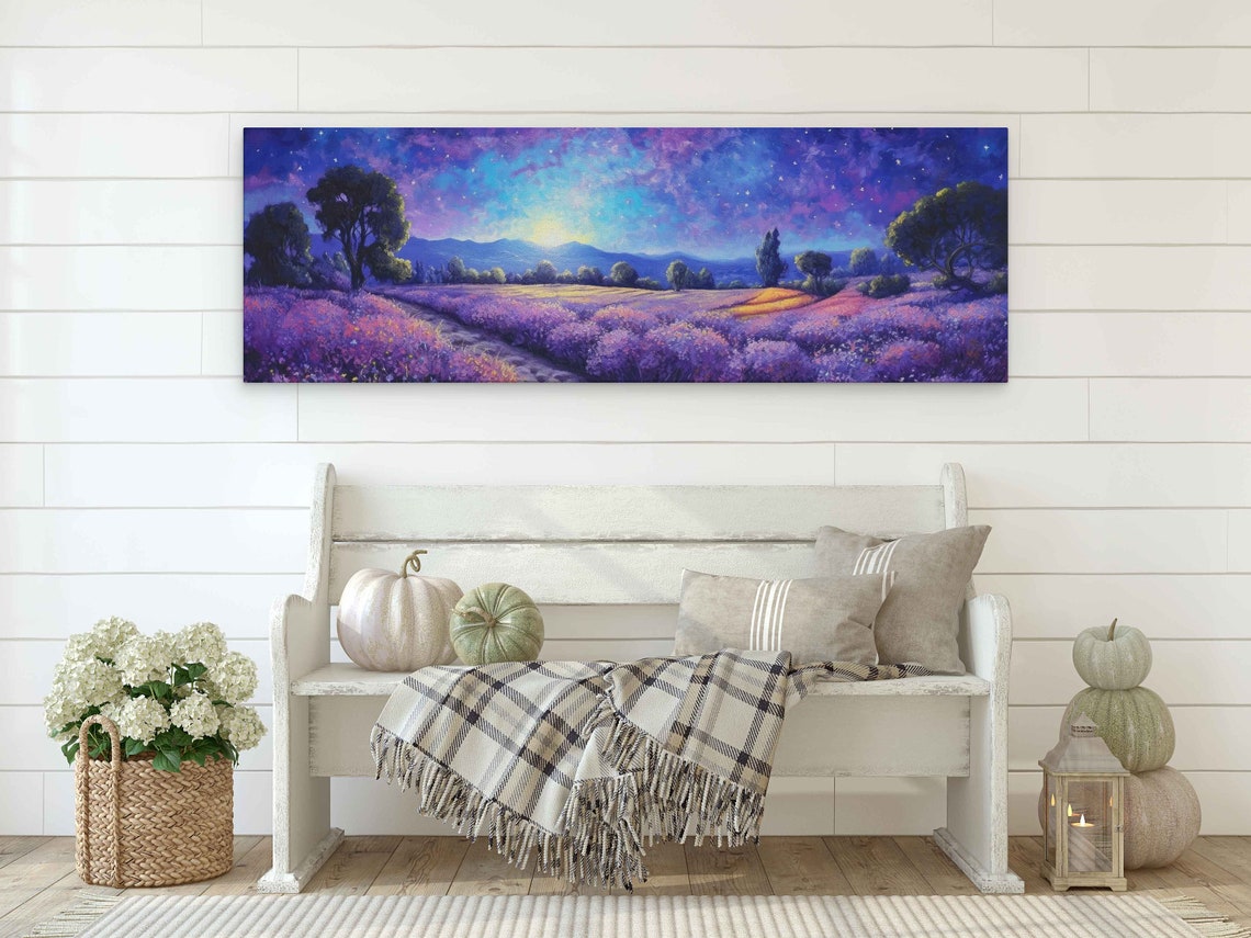Lavender Field Under Starry Moonlit Night Sky Panoramic Art Print - Image 2
