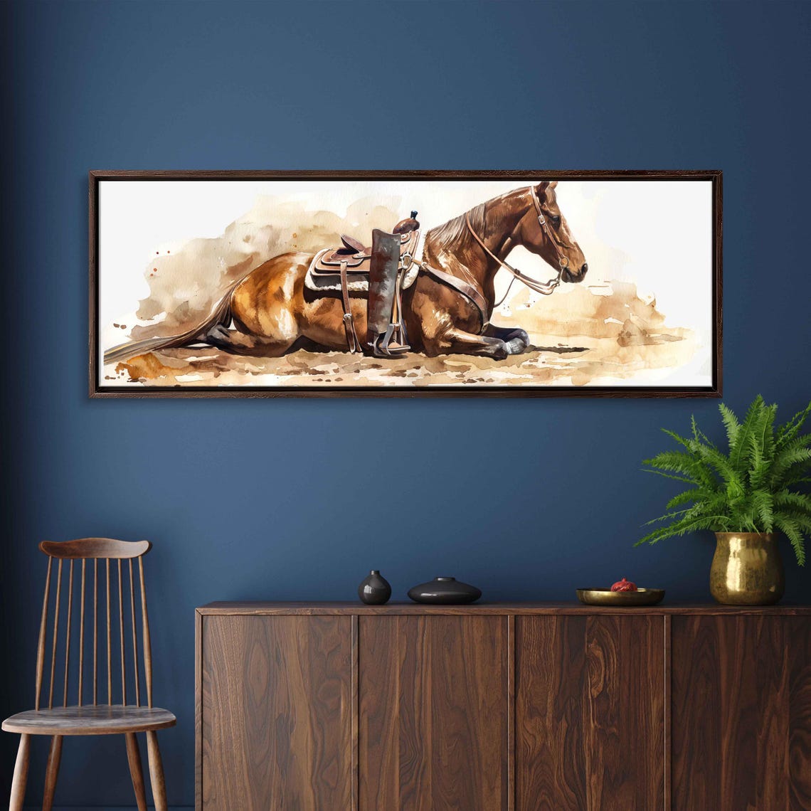 Resting Saddled Horse Cowboy Boots Watercolor Western Wall Poster