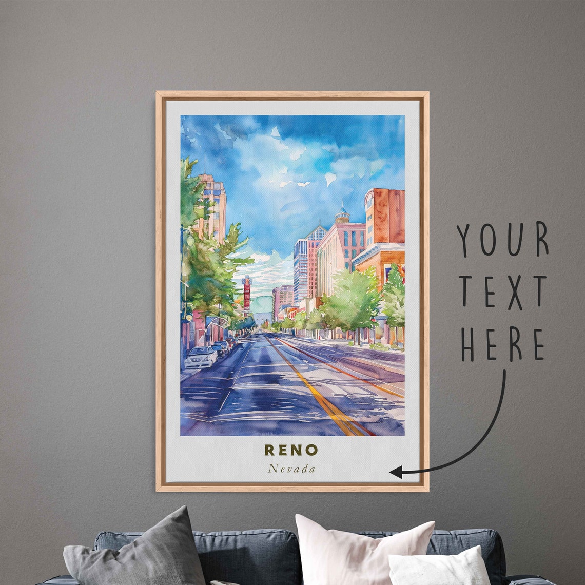 Reno Nevada Sunny Downtown Street Watercolor Blue Sky Art Poster