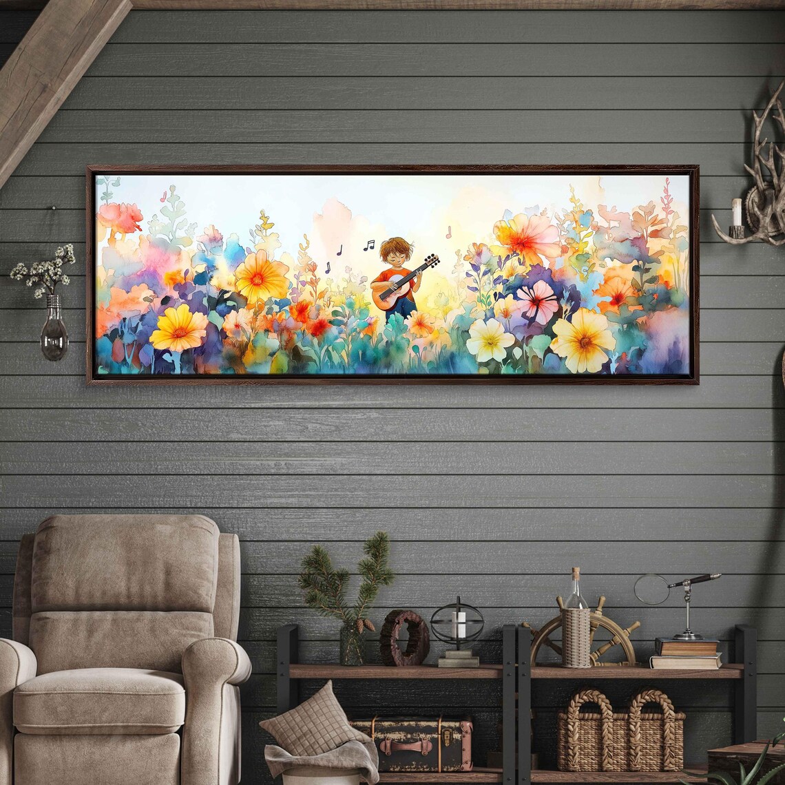 Child Playing Instrument, Dreamlike Garden Art Print