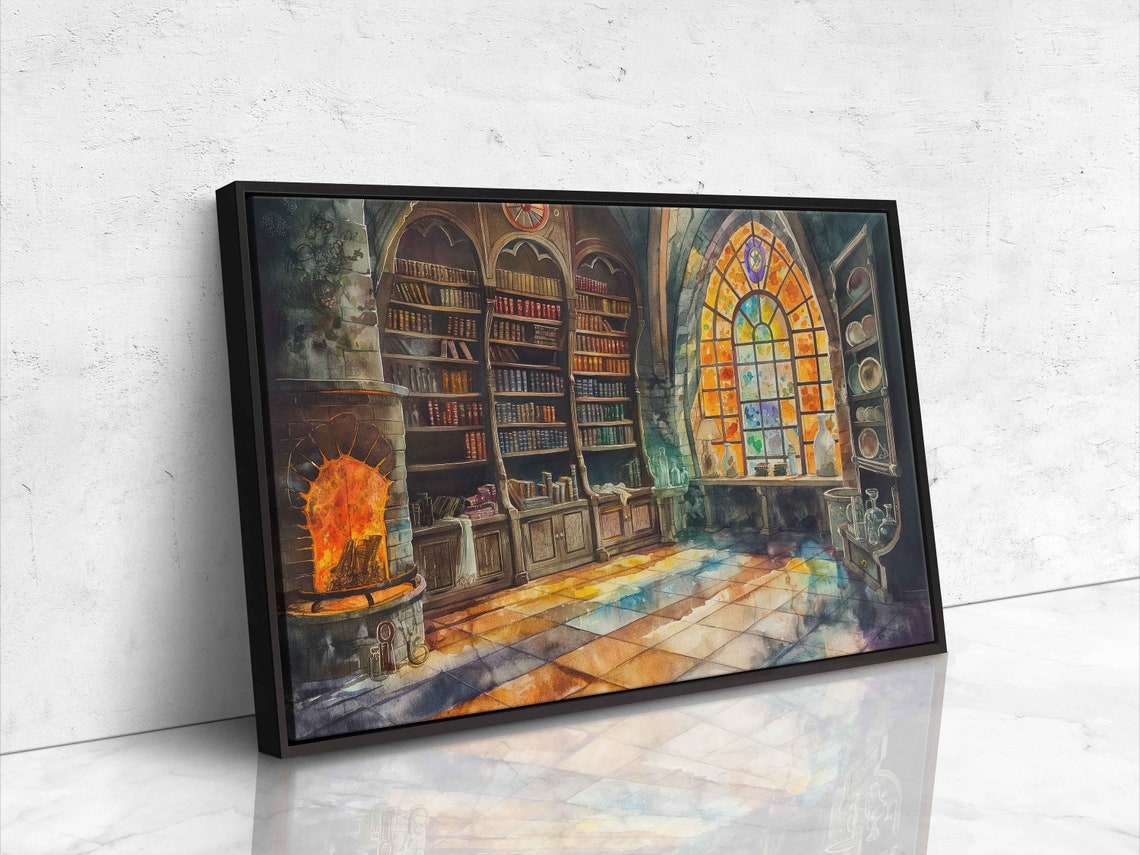 Grand Old Library Hall Stone Fireplace Stained Glass Window Poster - Image 4