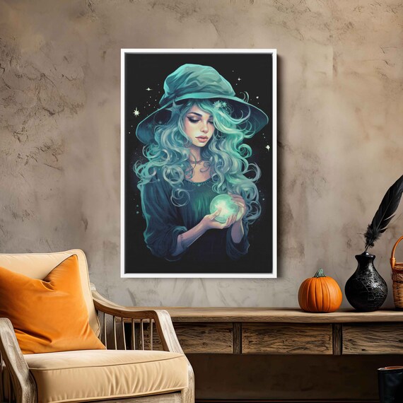 Celestial Witch Teal Hair Glowing Orb Stars Dark Night Halloween Art Print