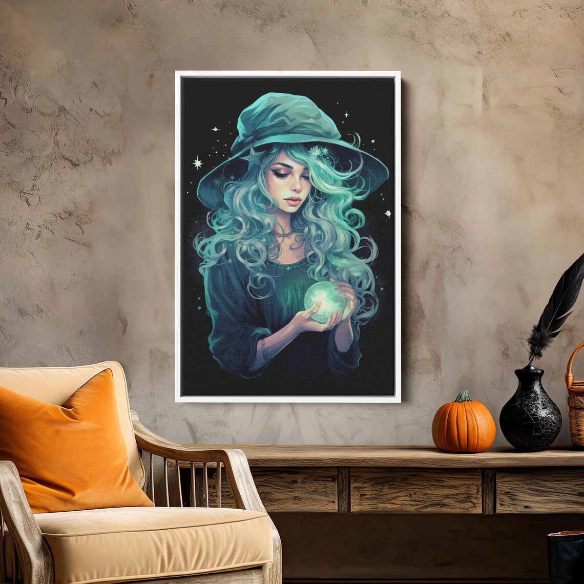 Celestial Witch Teal Hair Glowing Orb Stars Dark Night Halloween Art Print