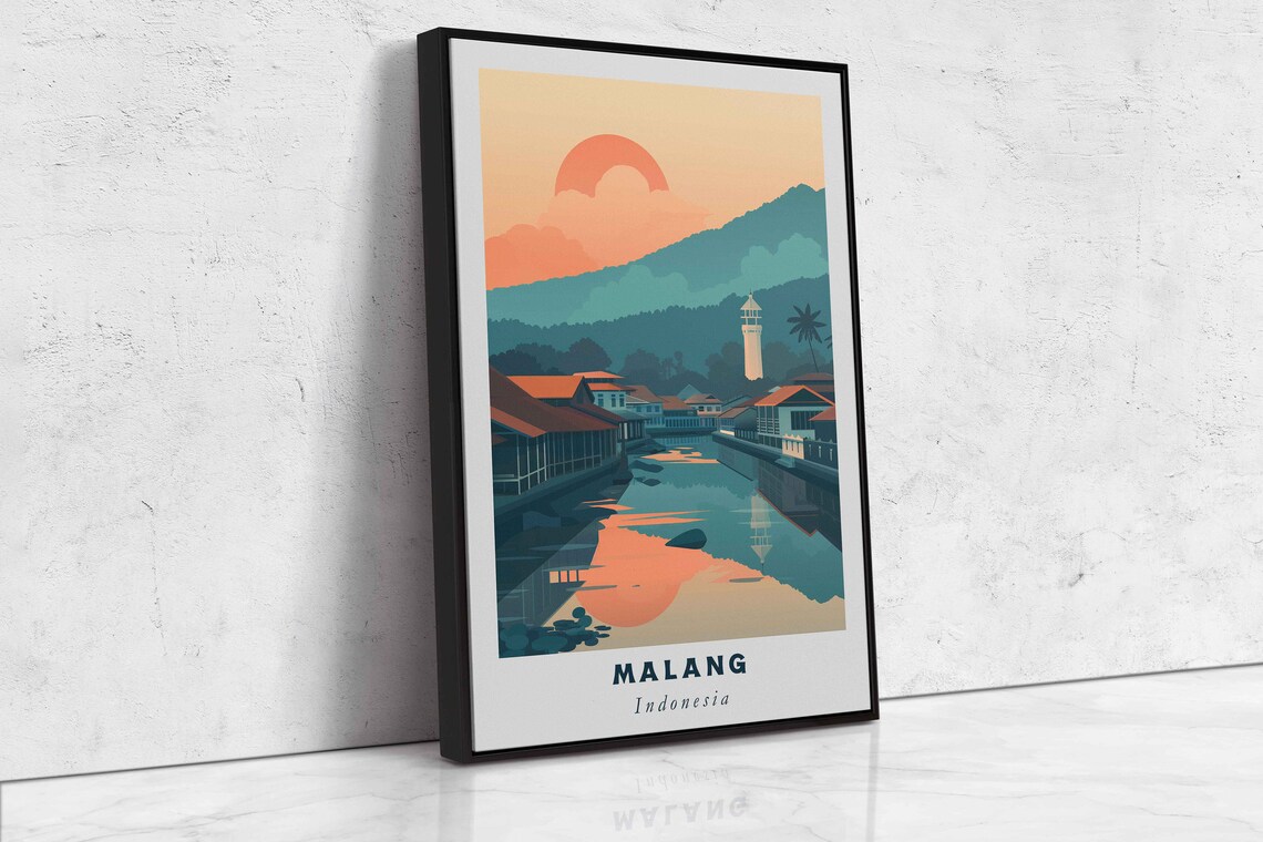 Malang Indonesia Riverside Town Sunset Mountain View Travel Poster - Image 2