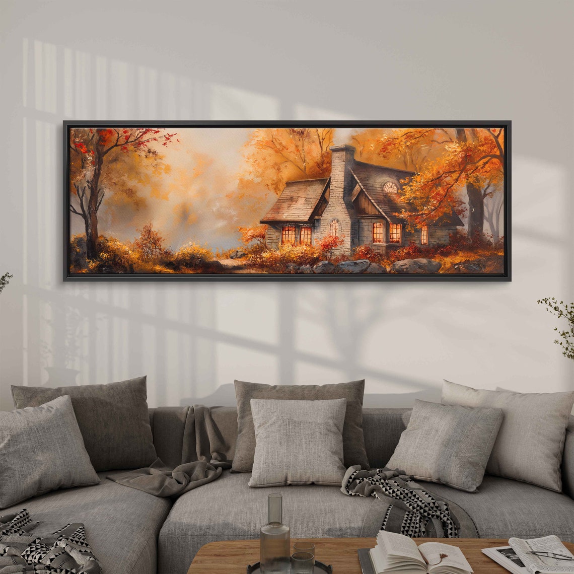 Stone Cottage With Lit Windows In Misty Autumn Forest Night Poster - Image 3