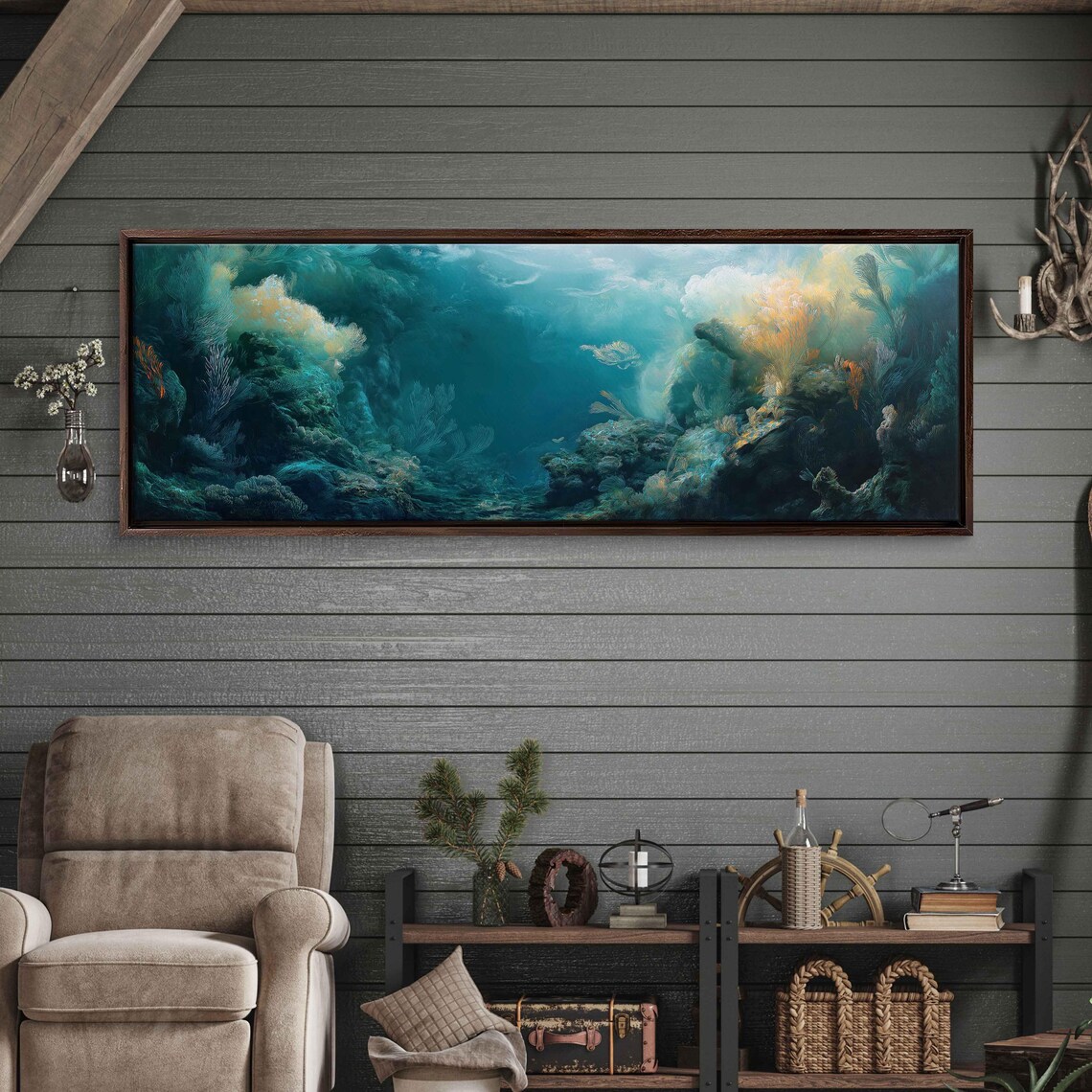 Imaginary Underwater Realm Dreamlike Coral Reef Teal Gold Art Poster - Image 3