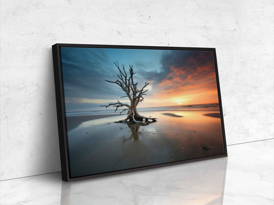 Lone Bare Tree Reflected On Wet Sand Beach At Sunset Photo Print - Image 4