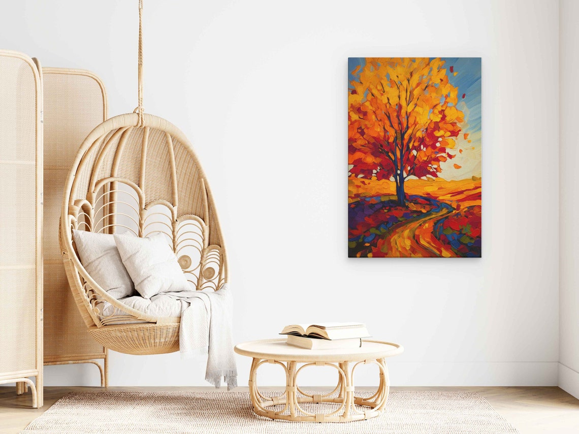 Autumn Tree Palette Knife Painting Fiery Orange Fall Road Art Poster - Image 3