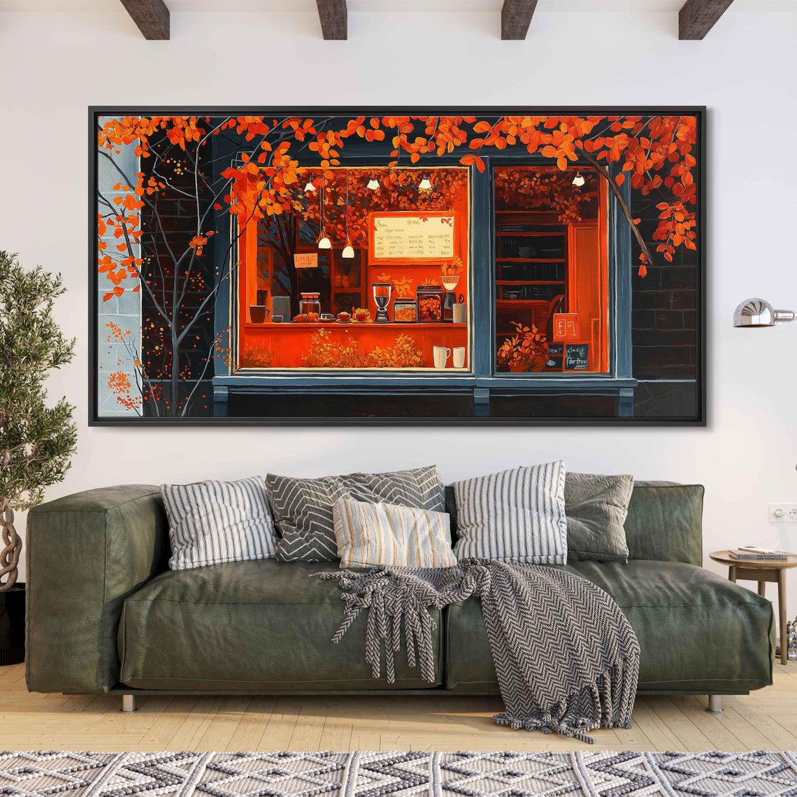 Glowing Coffee Shop Window Dusk Autumn Leaves Orange Light Wall Art