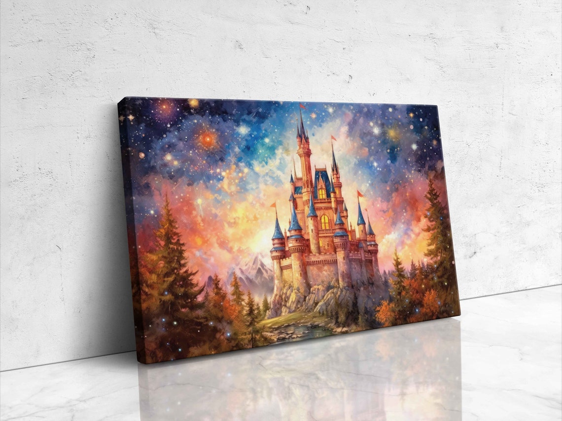 Fairy Tale Castle Blue Spires Pine Forest Starry Sunset Wall Poster - Image 4