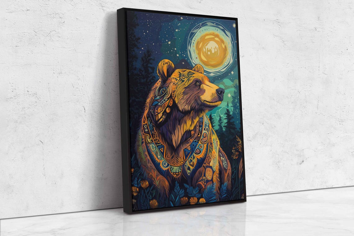 Grizzly Bear With Tribal Patterns Vivid Starry Night Spiritual Poster - Image 4