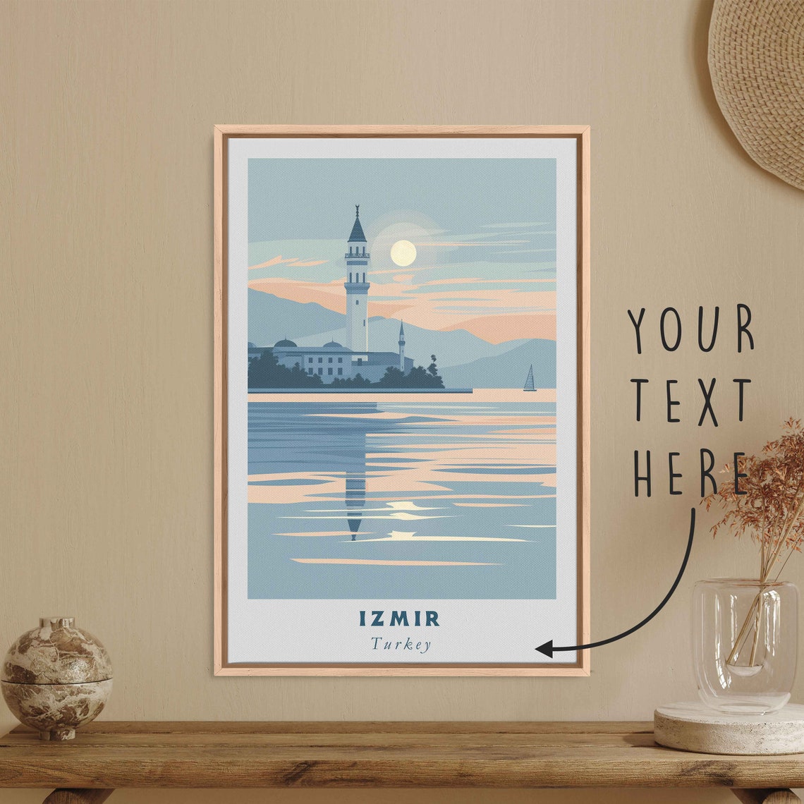 Izmir Turkey Seaside Mosque Minaret Sailboat Sunset Travel Poster