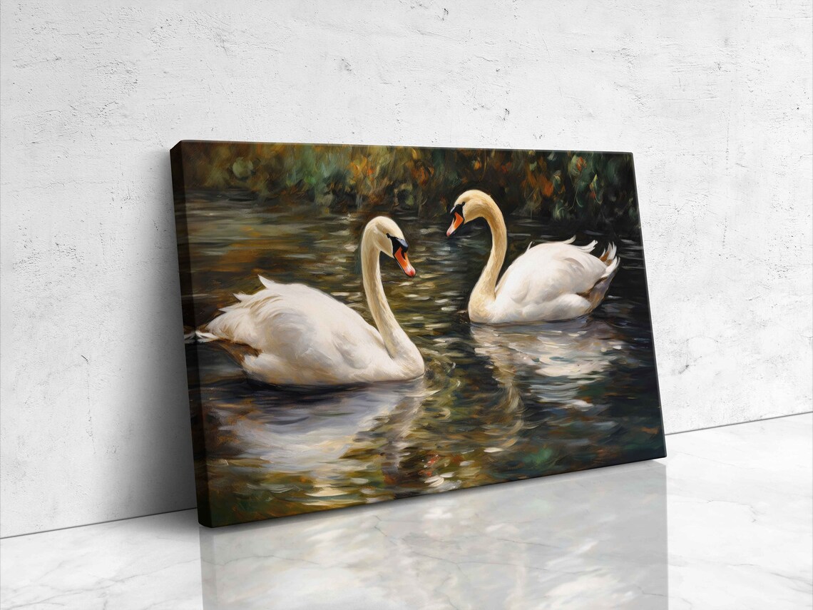 Swans Swimming in a Pond, Impressionist Art Print - Image 4