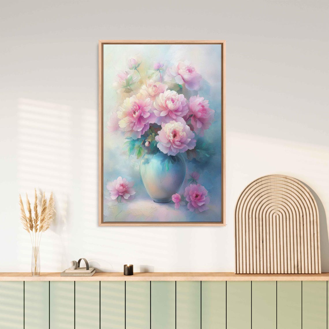 Pastel Pink Peonies Vase Soft Floral Watercolor Serene Art Poster