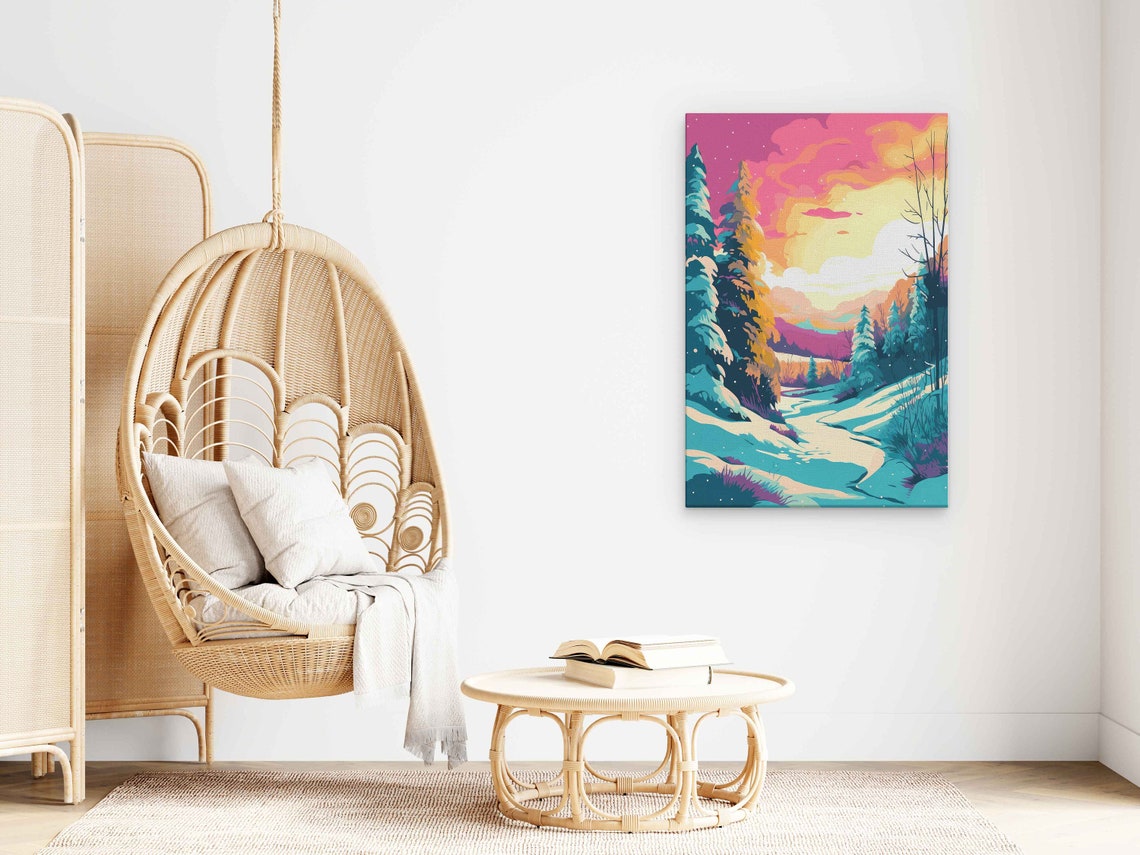 Vibrant Winter Sunset Snowy Pine Valley Pop Art Landscape Poster - Image 3