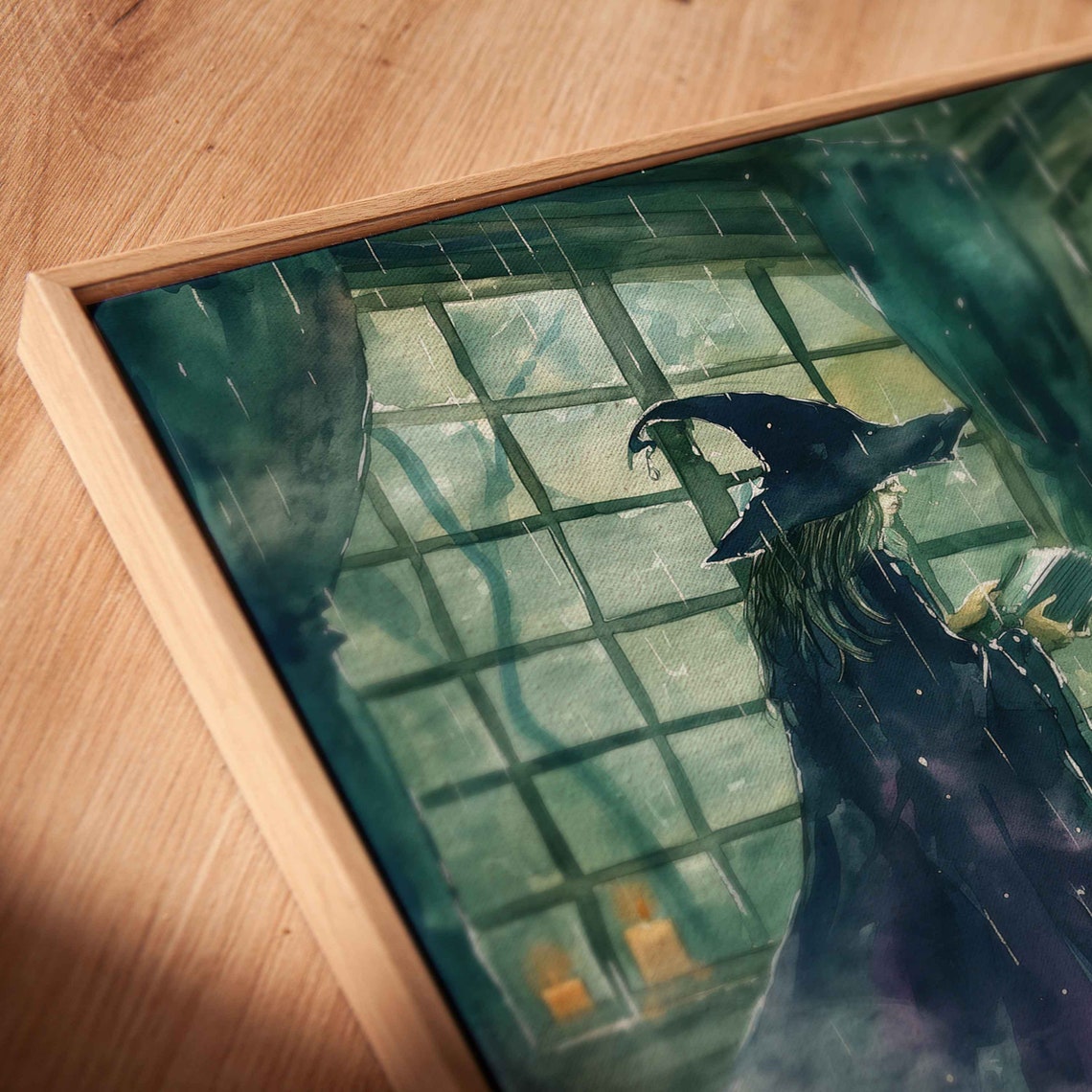 Witch Brewing Green Potion In Candlelit Library Watercolor Poster - Image 2