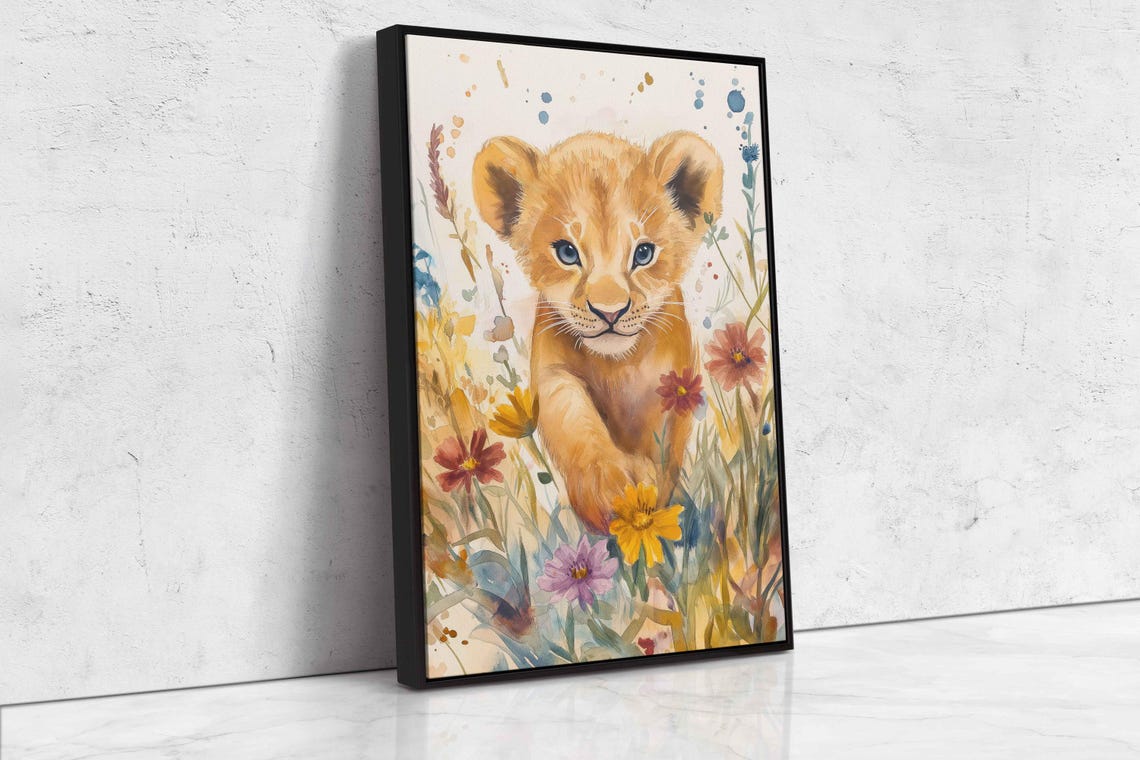 Lion Cub Playing In Wildflowers Watercolor Baby Animal Nursery Poster - Image 4