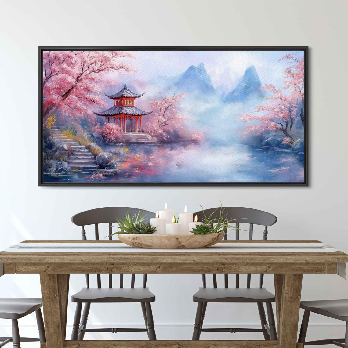 Cherry Blossom Pavilion Lakeside Mountains Asian Landscape Poster - Image 3