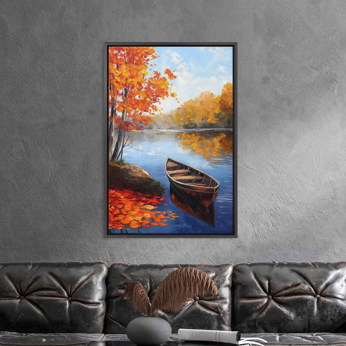 Wooden Canoe Floating On Calm Blue Autumn Lake Painting Poster