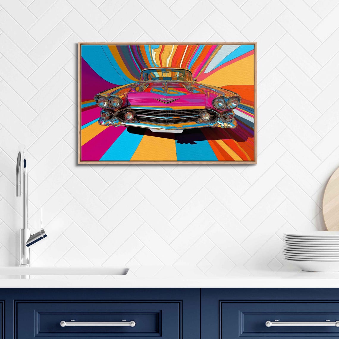 Pink 1950s Classic Car Front View Psychedelic Rays Pop Art Poster
