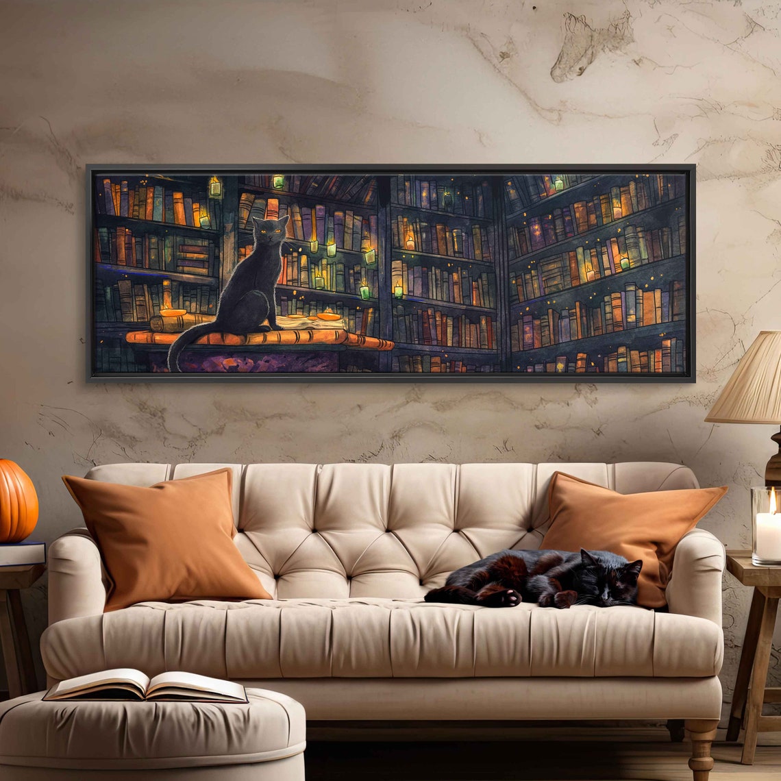 Black Cat In Spooky Witch Library With Glowing Candlelight Wall Poster - Image 3