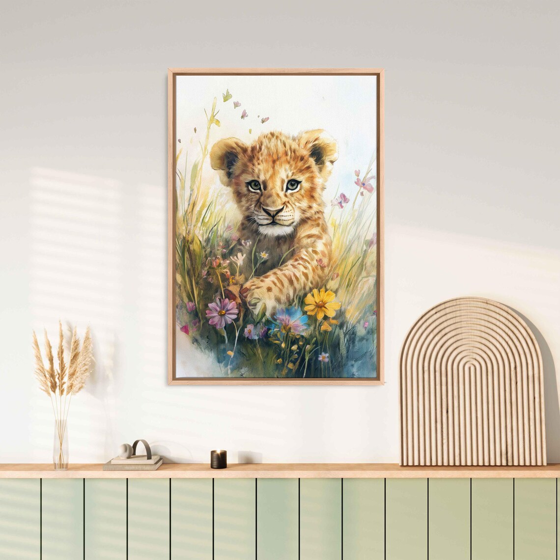 Playful Lion Cub In Wildflower Meadow Watercolor Cheerful Nursery Poster - Image 3