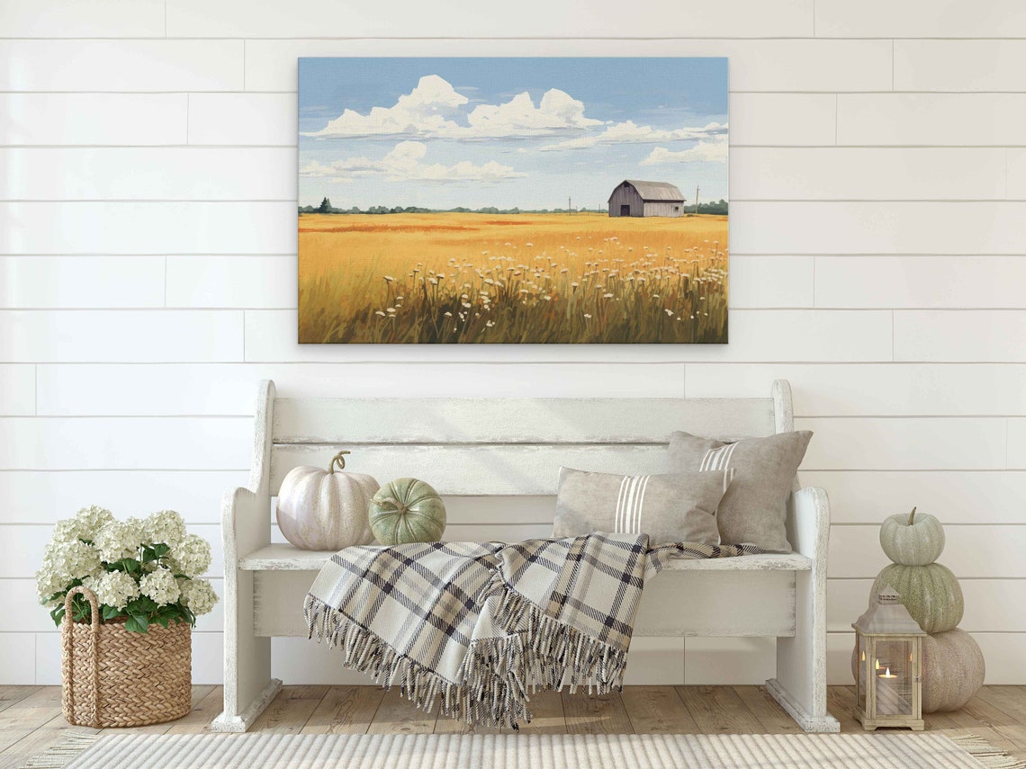 Golden Wheat Field With Old Barn Summer Sky Minimalist Farm Wall Art - Image 2