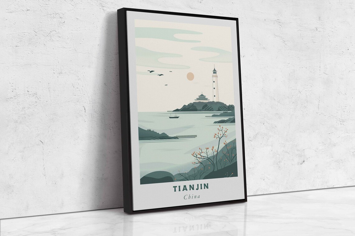 Tianjin China Lighthouse Island Sea Sailboat Minimal Art Travel Poster - Image 2