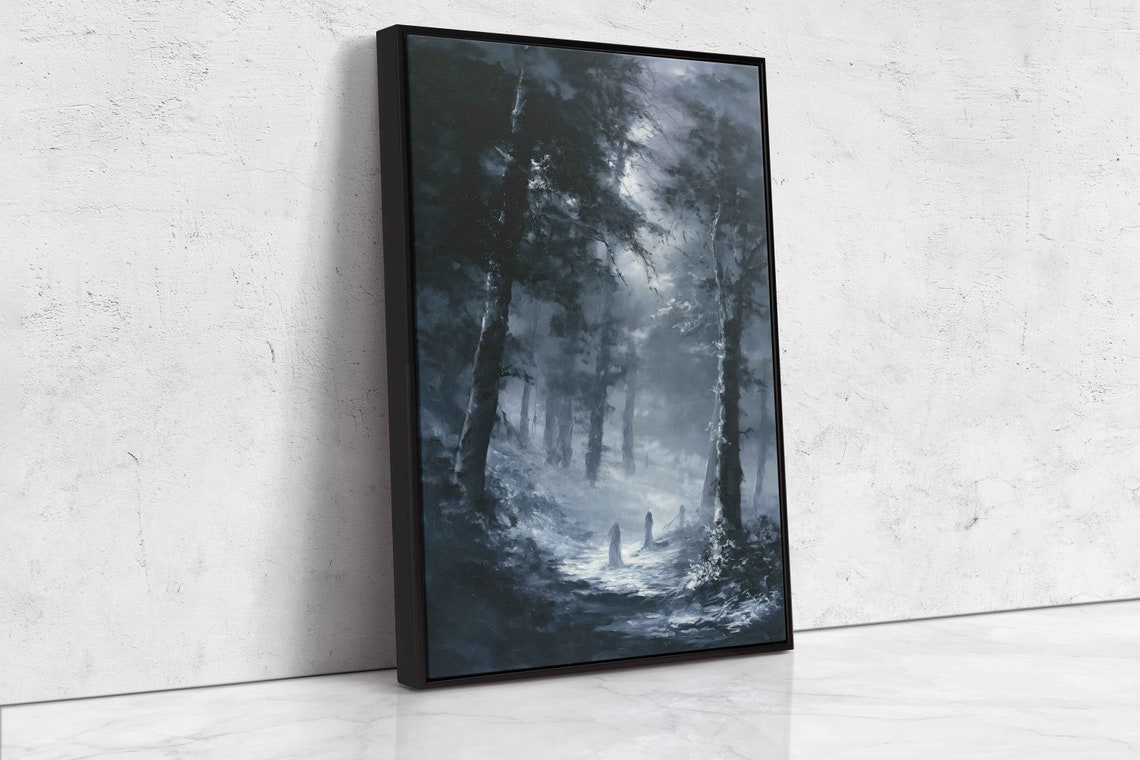 Ghostly Figures In Moonlit Foggy Haunted Forest Oil Painting Poster - Image 4