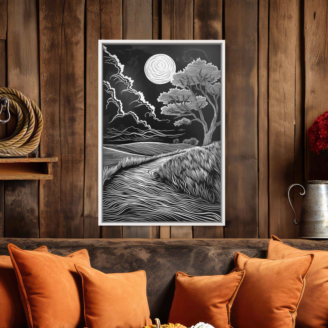 Black And White Moonlit Field Engraving Art Lone Tree Night Print - Image 4
