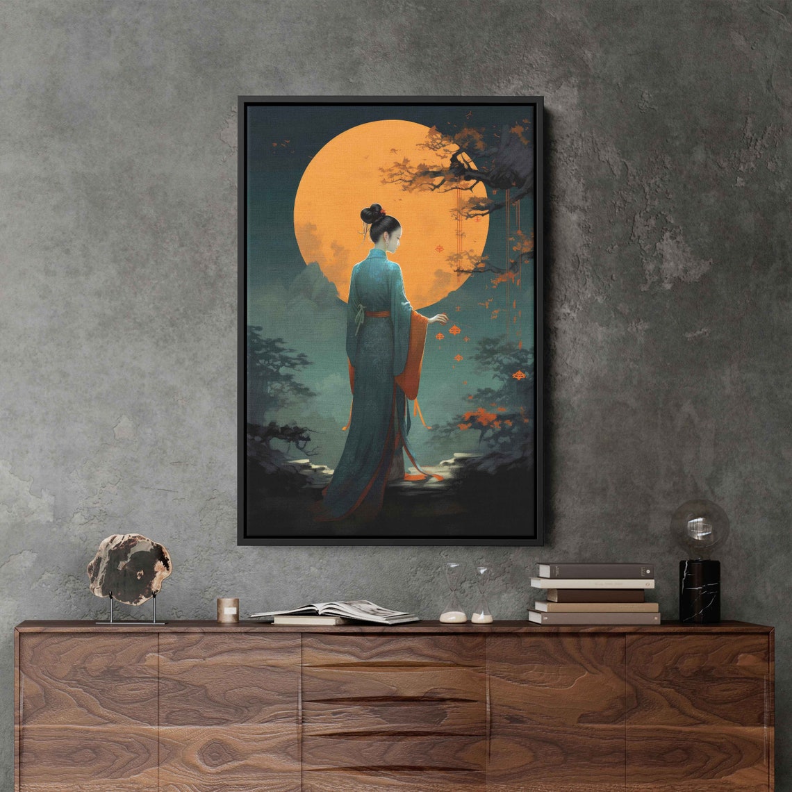 Japanese Woman Kimono Golden Full Moon Night Retro Asian Art Poster - Image 3