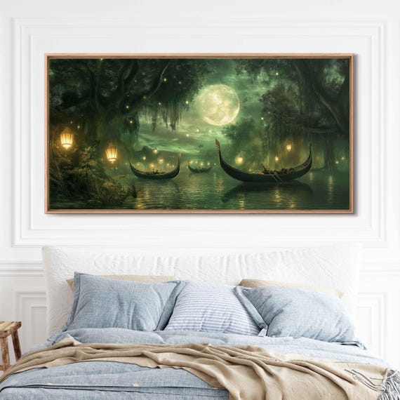 Mystical Lantern Lit Gondolas Wall Art Print Floating River Nightscape Fantasy Atmosphere