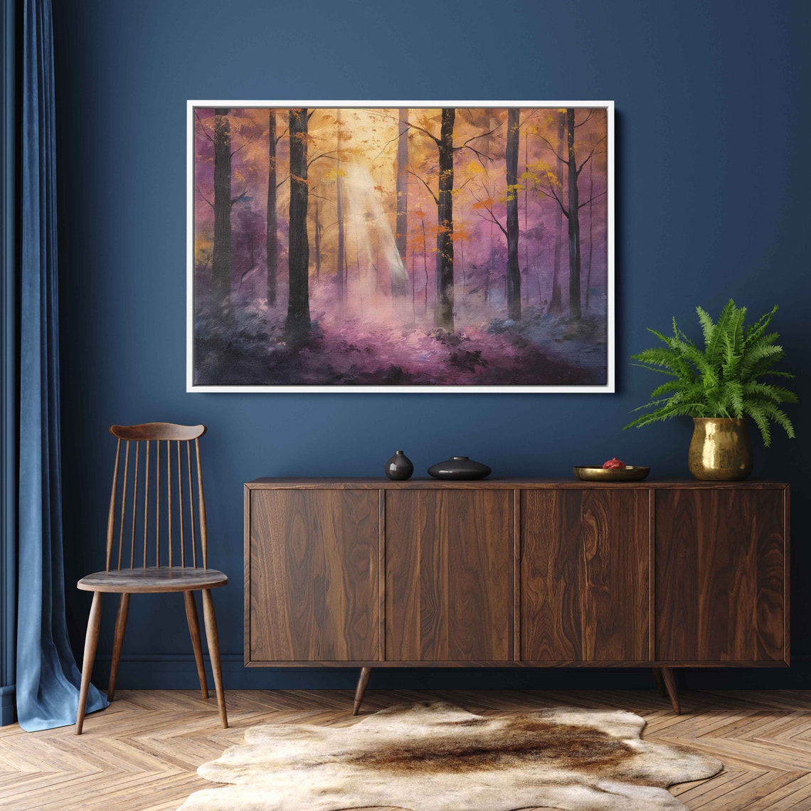 Enchanted Forest Sunbeams Through Tall Trees Misty Woodland Art Poster - Image 3