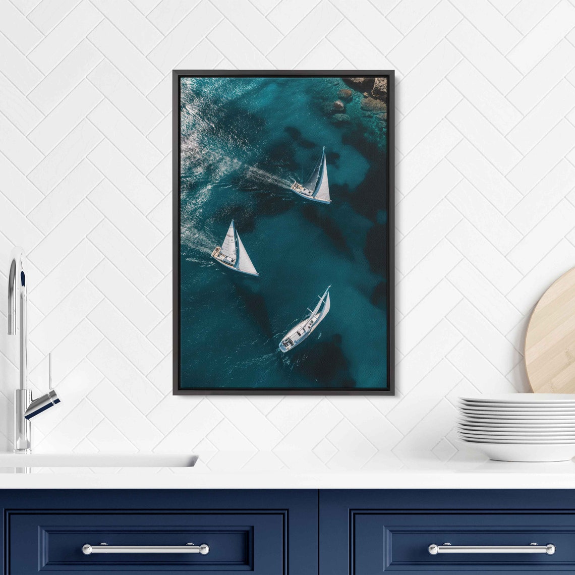 Aerial Overhead View Three Sailboats Sailing Turquoise Ocean Wall Art - Image 2
