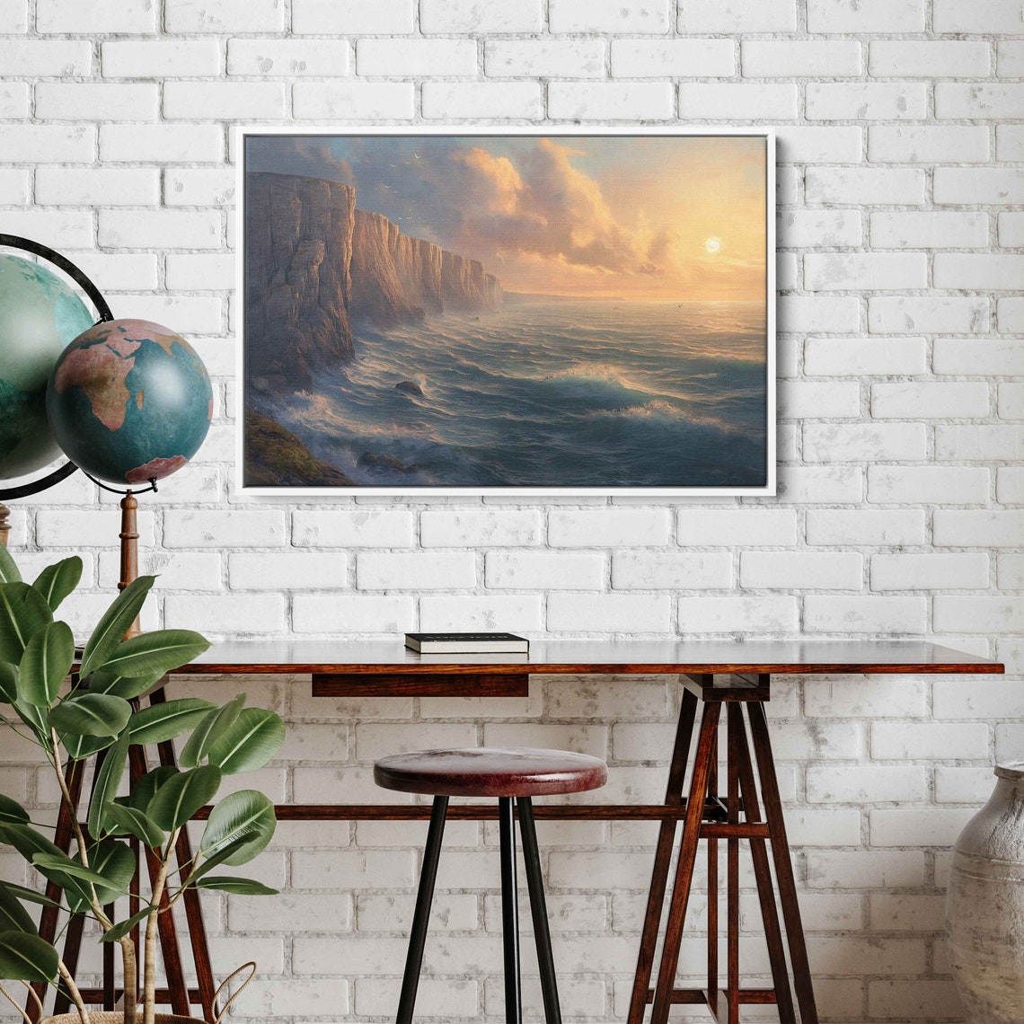 Ocean Waves Tall Cliffs Sunrise Dramatic Coastline Painting Poster - Image 2