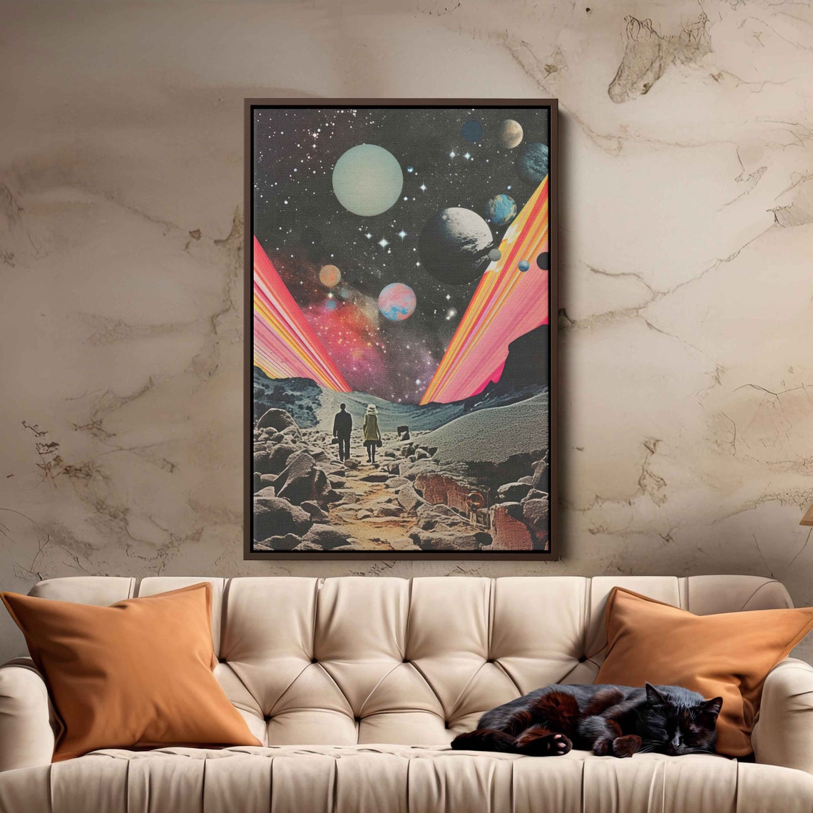 Surreal Space Collage Planets Rainbow Beams Rocky Path Retro Art Print - Image 2