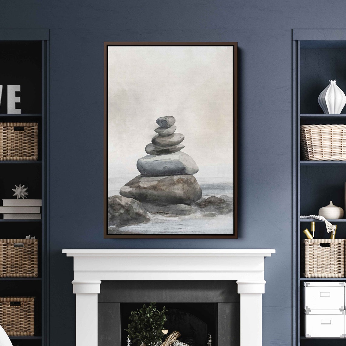 Tall Zen Stone Cairn Balanced Rocks Still Water Minimalist Wall Print - Image 2