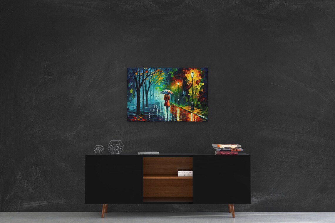 Woman Walking With Umbrella, Vibrant Oil Painting Print - Image 2