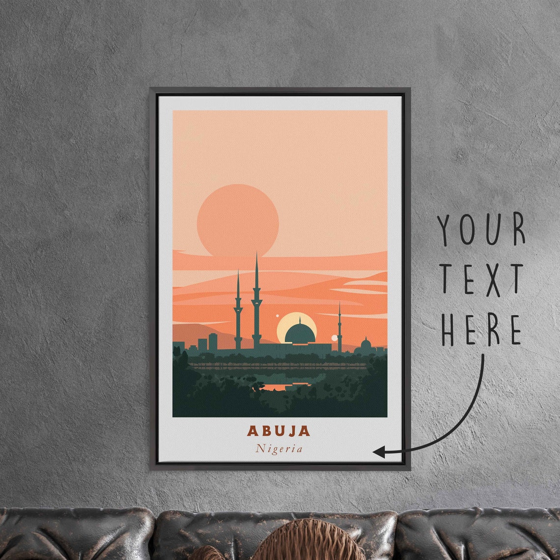 Abuja Nigeria Mosque Minarets Silhouette Sunset Skyline Travel Poster
