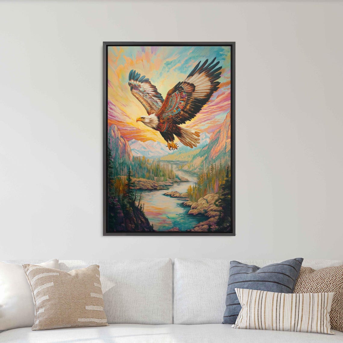Vibrant Eagle Soaring Above a Rugged Mountain River Canyon Poster