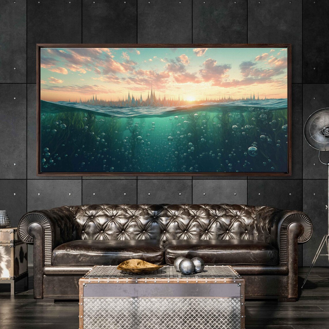 Dawn Ocean Waves Underwater Kelp Bubbles Spires Fantasy Seascape Poster