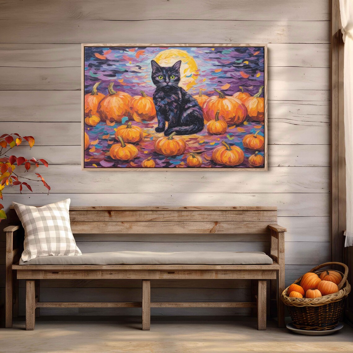 Black Cat Halloween Pumpkins Full Moon Starry Night Whimsical Painting Print - Image 4