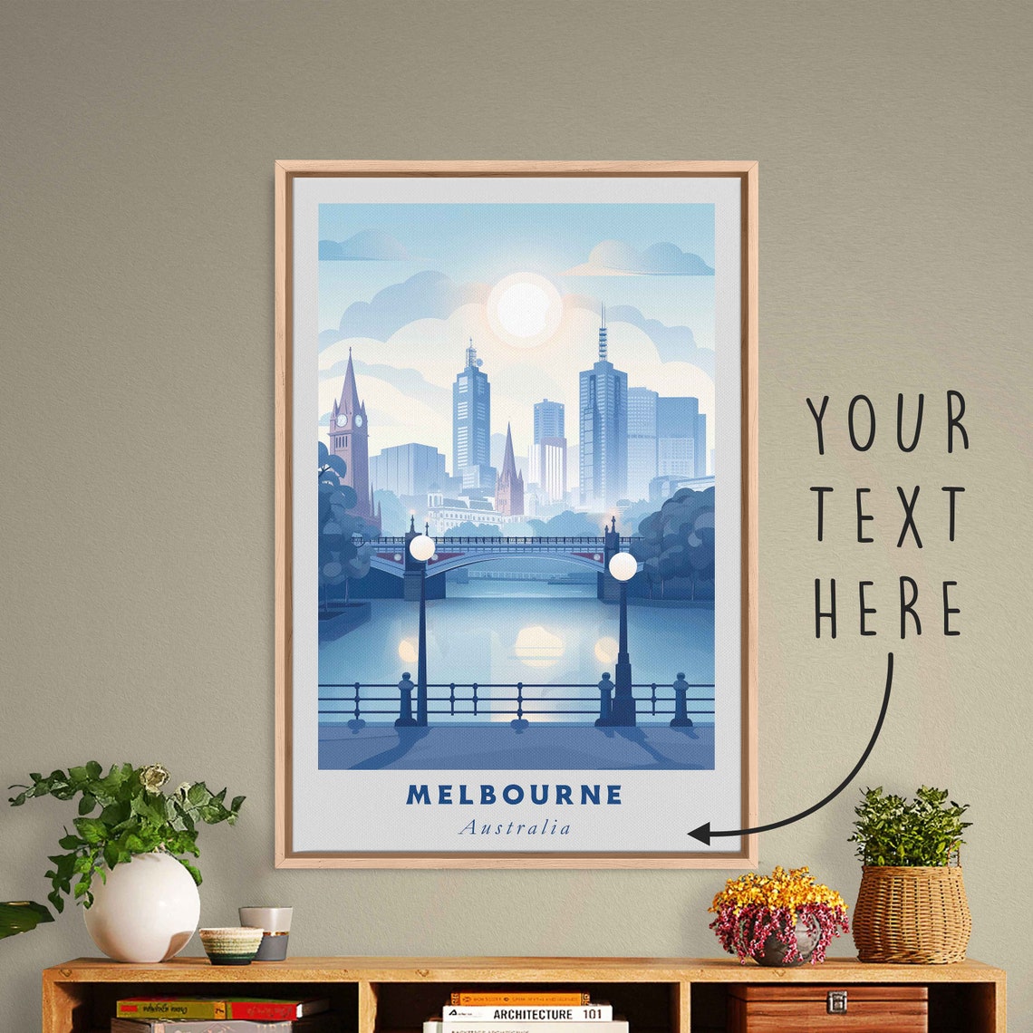 Melbourne Australia Skyline River Bridge Blue Morning Travel Poster