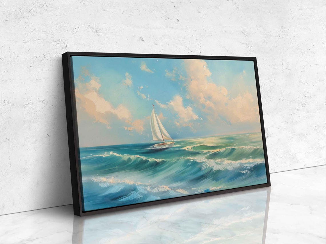 Sailboat On Teal Rolling Waves Pastel Clouds Oil Painting Poster - Image 4