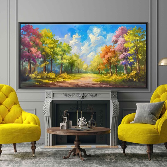 Beautiful Forest Painting With Trees Of All Colors Cloudy Blue Sky Bright Vivid Colors Wall Art Print Ready To Hang