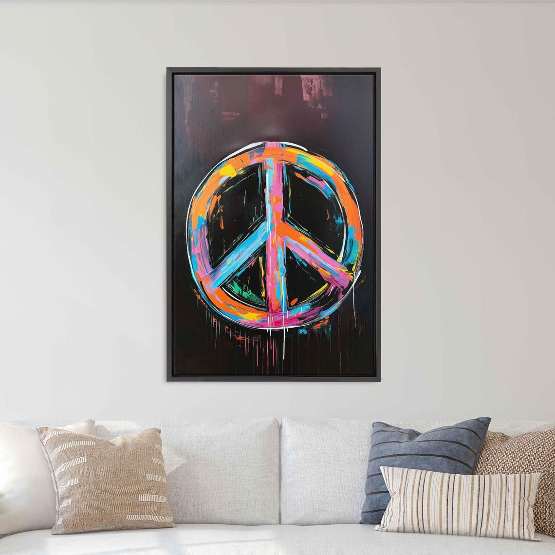 Neon Peace Sign Black Background Rainbow Brushstroke Wall Poster - Image 3