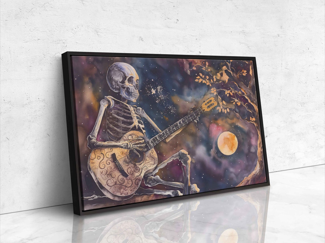Skeleton Playing Acoustic Guitar Starry Night Full Moon Poster - Image 4